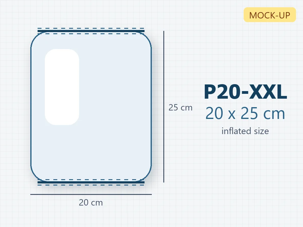 ม้วนฟิล์มถุงลมใหญ่ P20-XXL — ภาพจำลองขนาดถุง 20 x 25 ซม. (รอรูปถ่ายจริง)